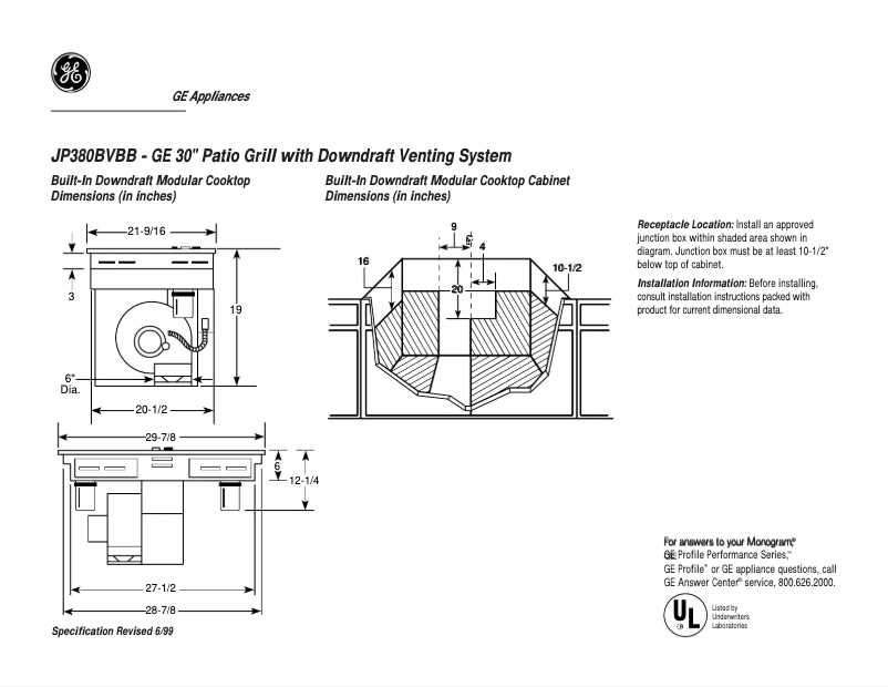 Page n°1 - Fiche technique GE JP380BVBB