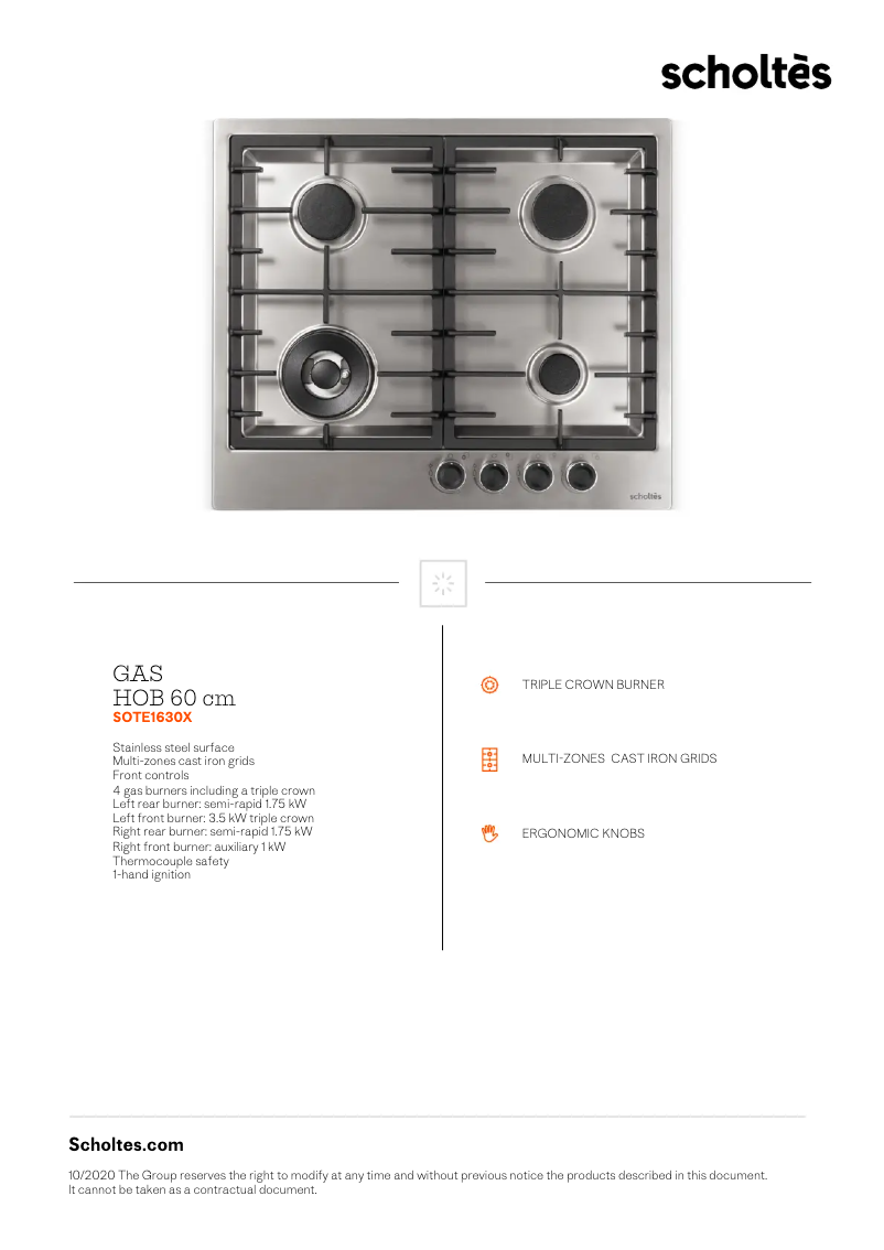 Page 1 de la notice Fiche technique Scholtès SOTE1630X