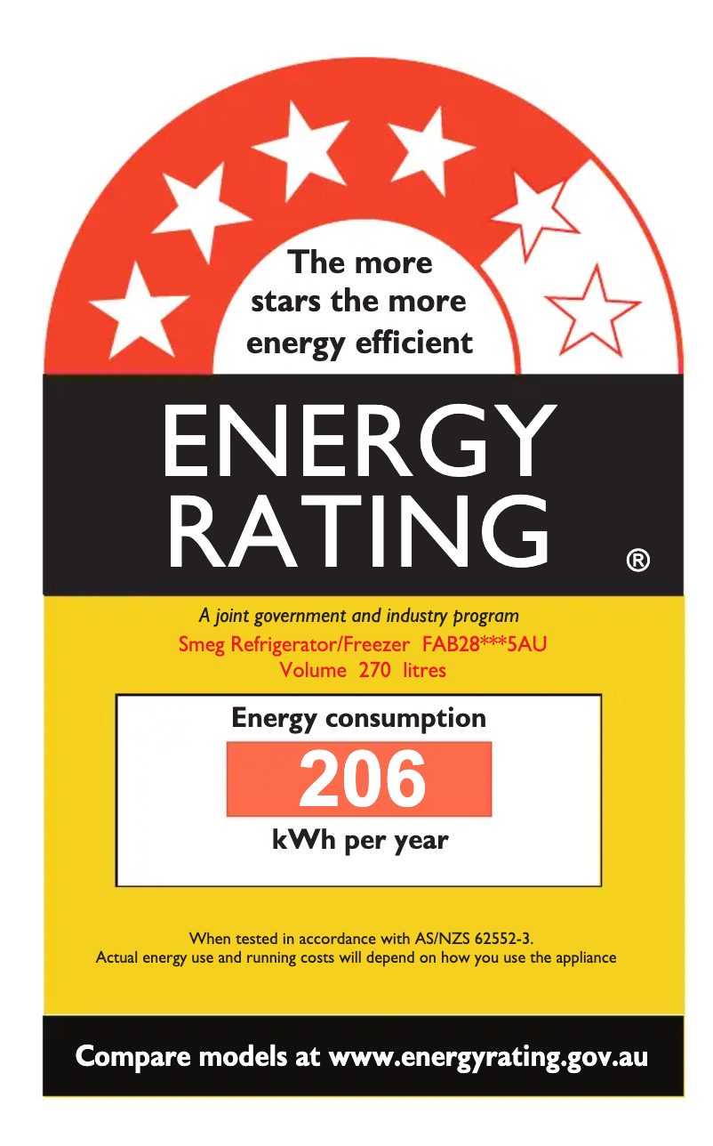 Page 1 de la notice Label énergétique Smeg FAB28LBL5AU