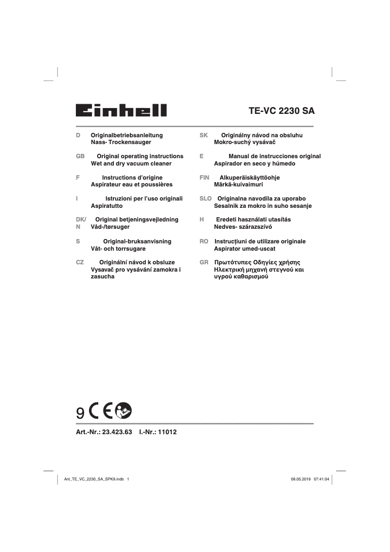 Page 1 de la notice Manuel utilisateur Einhell TE-VC 2230 SA