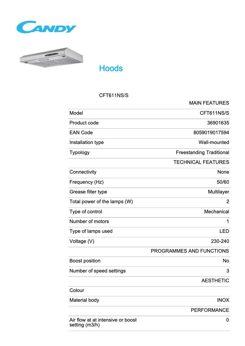 Page 1 de la notice Fiche technique Candy CFT611NS/S