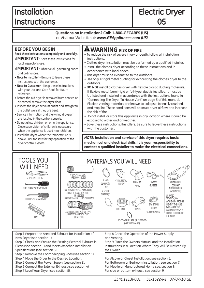 Page n°1 - Guide d'installation GE DuraDrum GTDP301ELWS