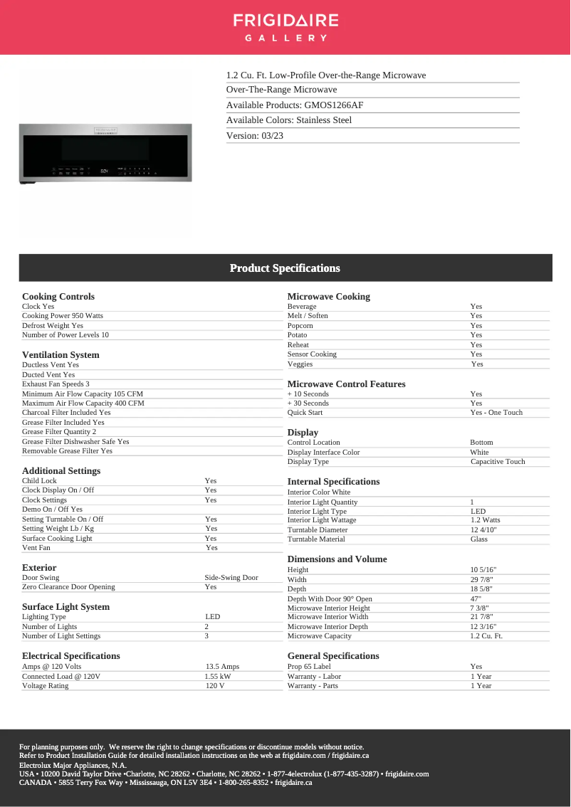 Página 1 del manual Ficha técnica Frigidaire GMOS1266AF