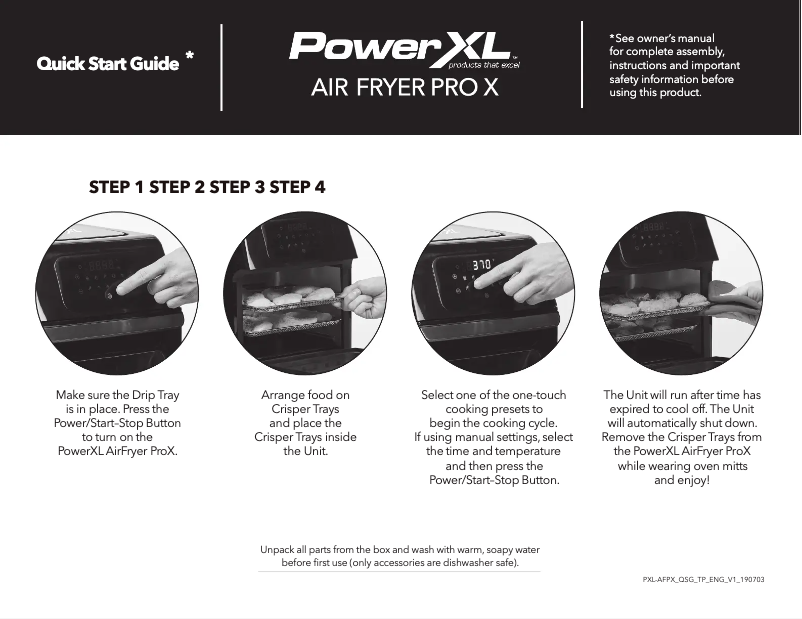 Page 1 of the manual Quick Start Guide PowerXL Air Fryer Pro X GLA-1002