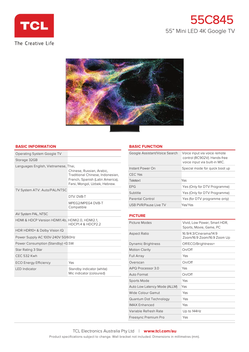 Page 1 de la notice Fiche technique TCL 55C845