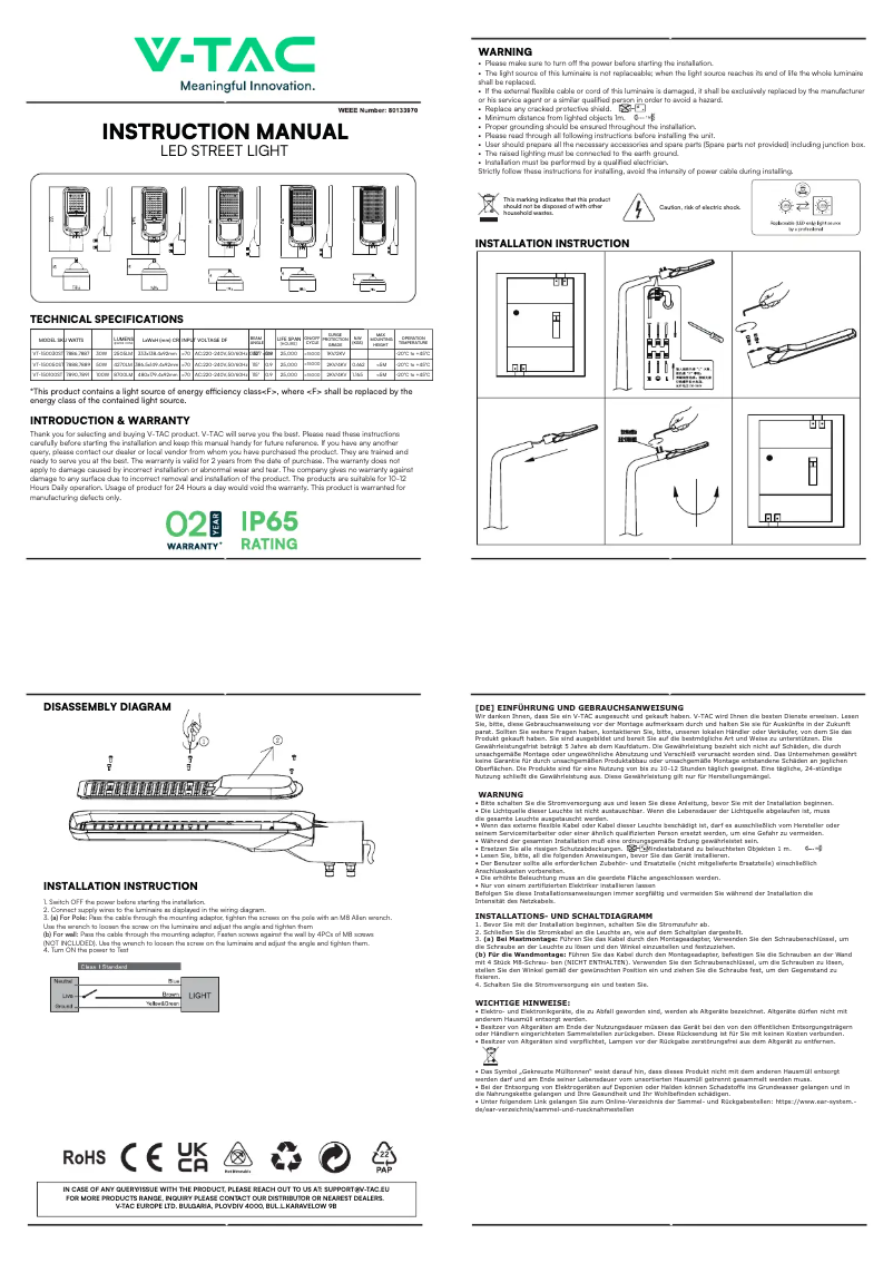 Page 1 de la notice Manuel utilisateur V-TAC VT-150030ST
