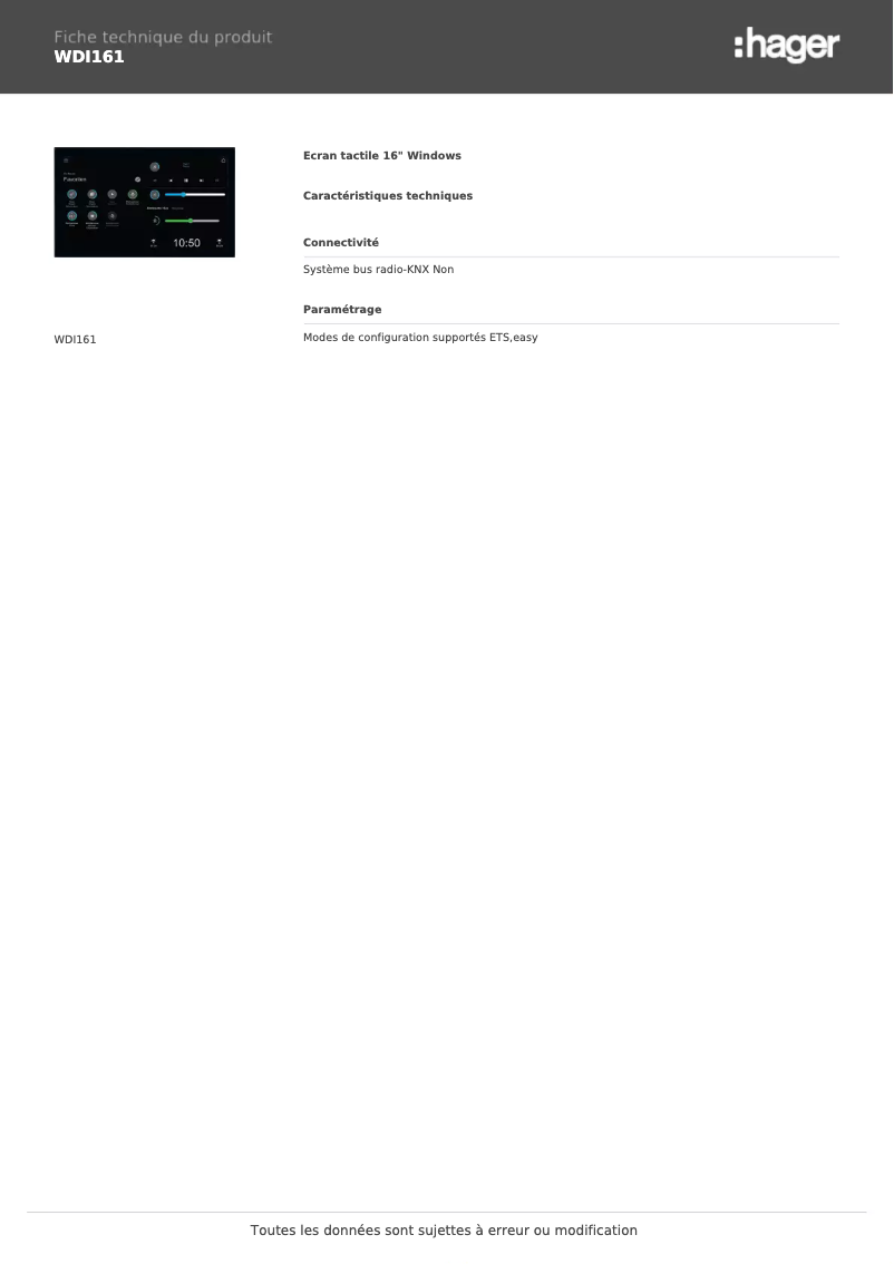 Page 1 de la notice Fiche technique Hager WDI161