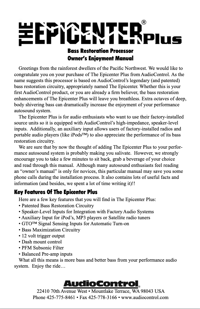 Page 1 de la notice Fiche technique AudioControl The Epicenter Plus