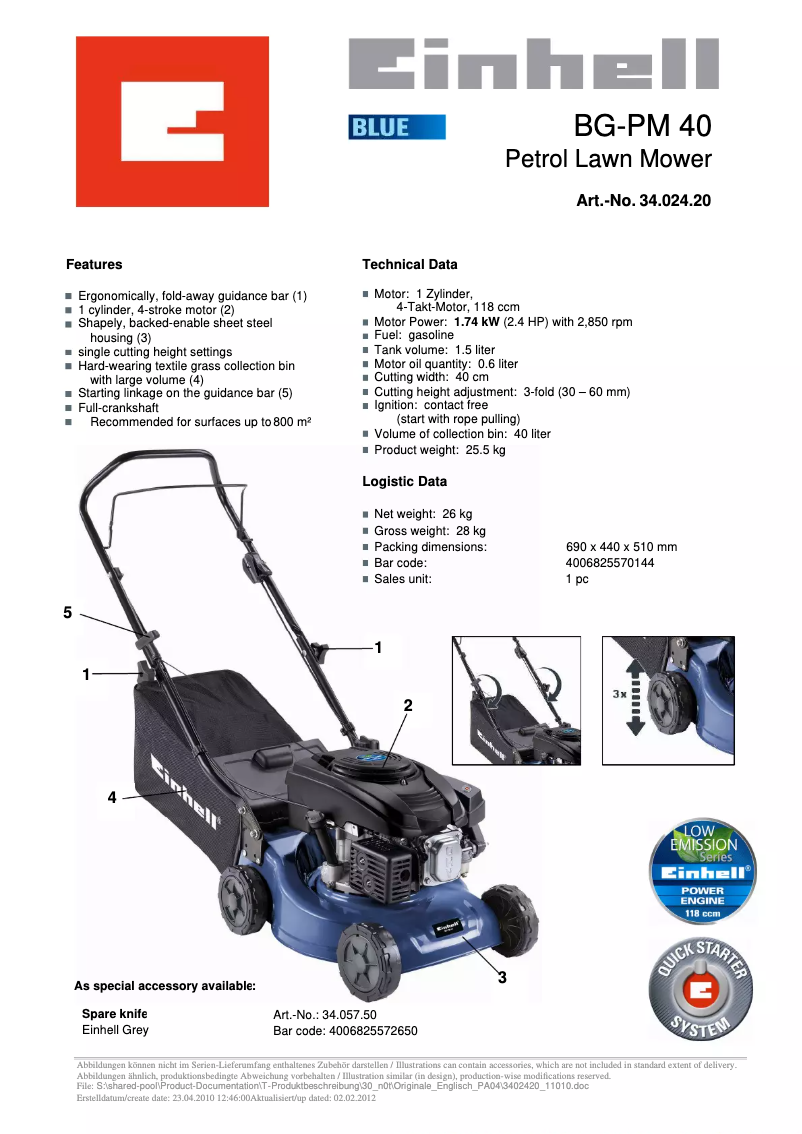 Page n°1 - Fiche technique Einhell BG-PM 40