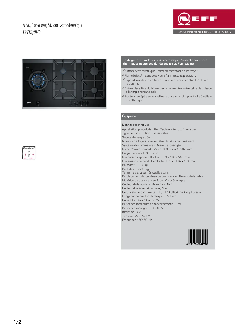 Page 1 de la notice Fiche technique Neff T29TS79N0