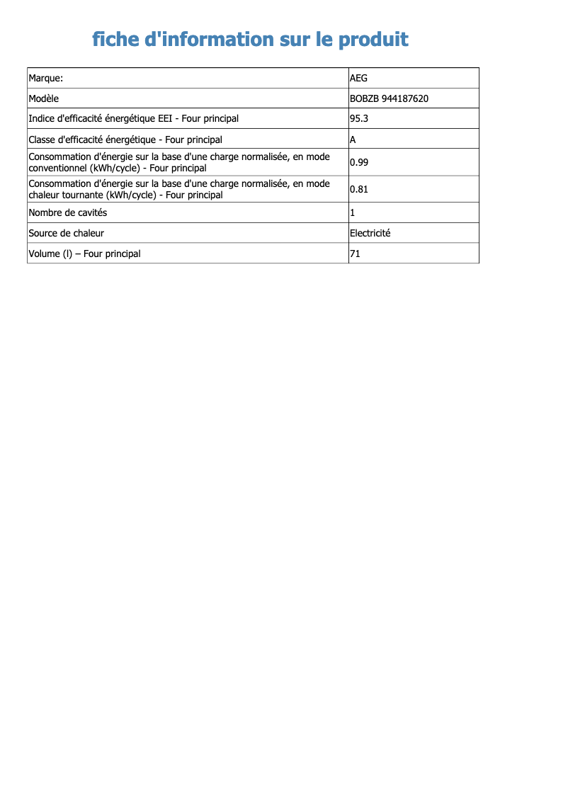 Page 1 de la notice Fiche technique AEG BOBZB