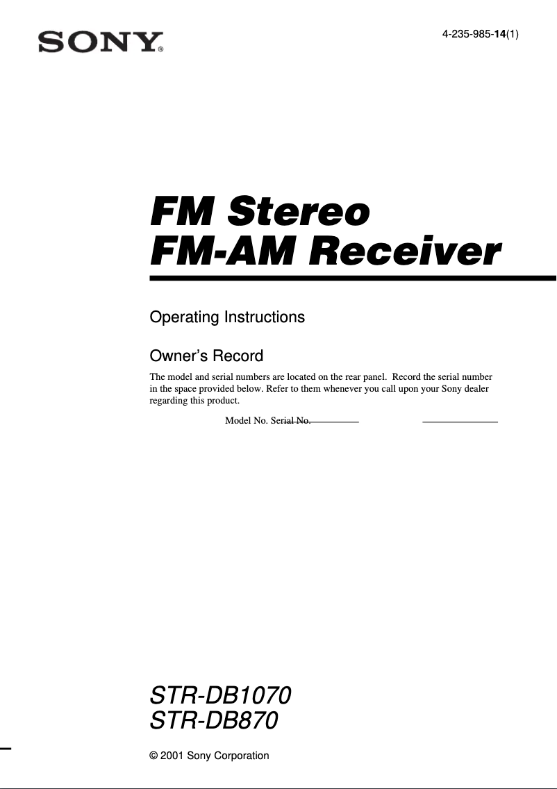 Page 1 de la notice Manuel utilisateur Sony STR-DB870
