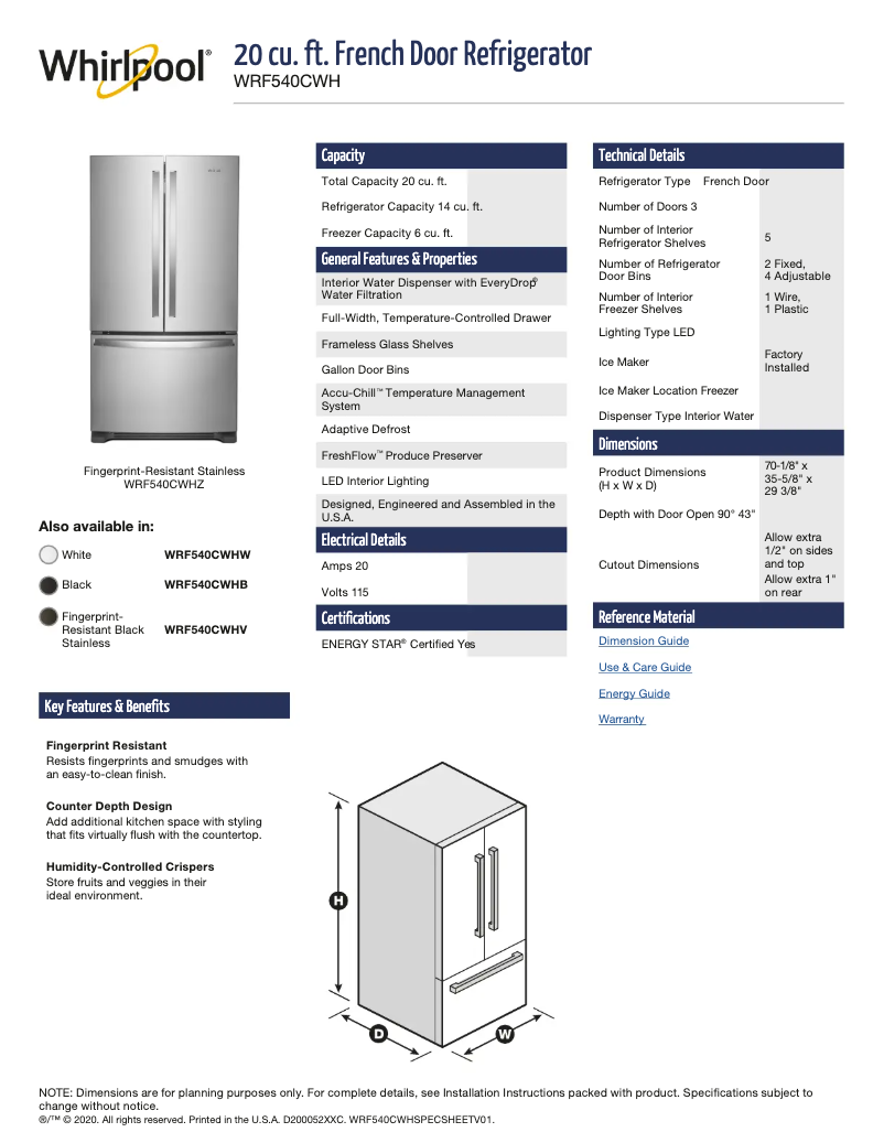 Page 1 of the manual Technical Sheet Whirlpool WRF540CWHB