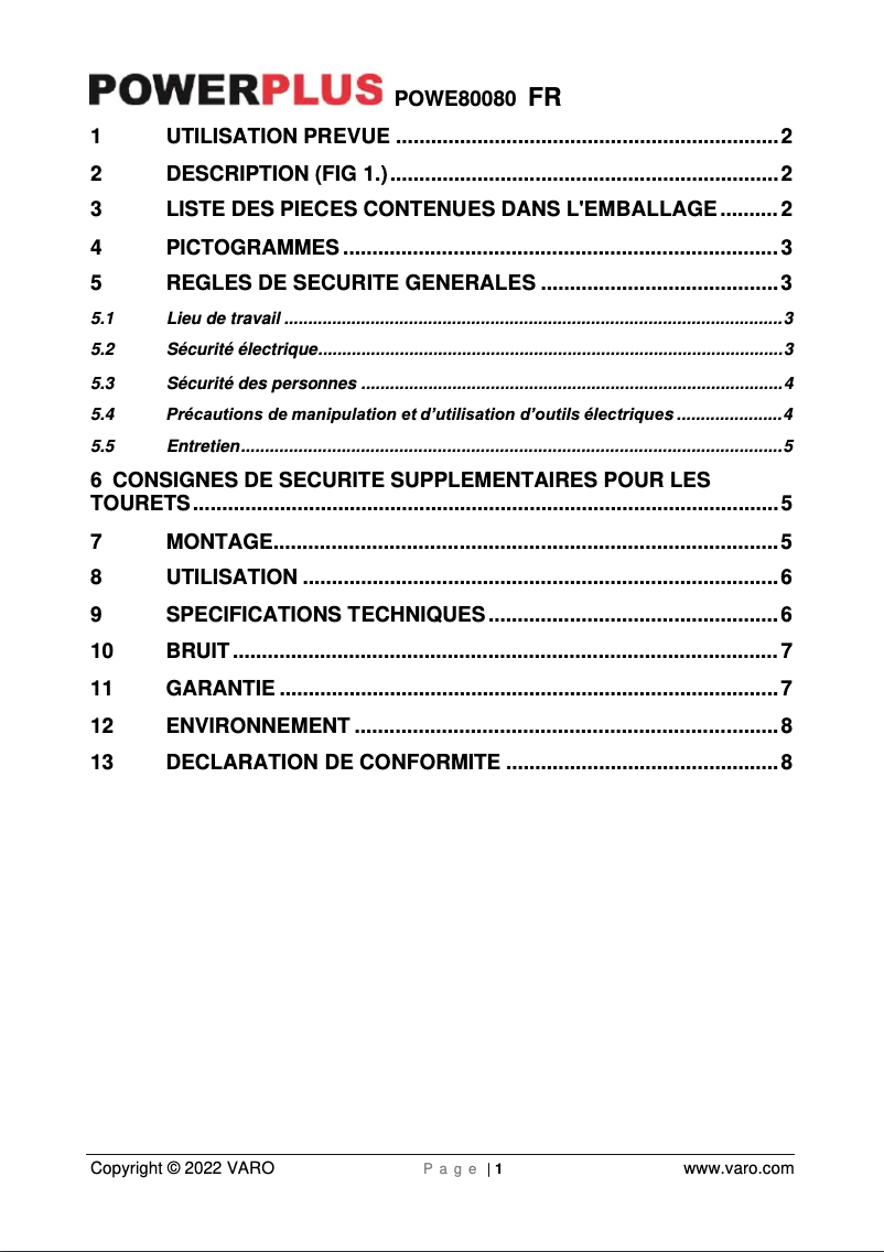 Page n°1 - Manuel utilisateur PowerPlus POWE80080
