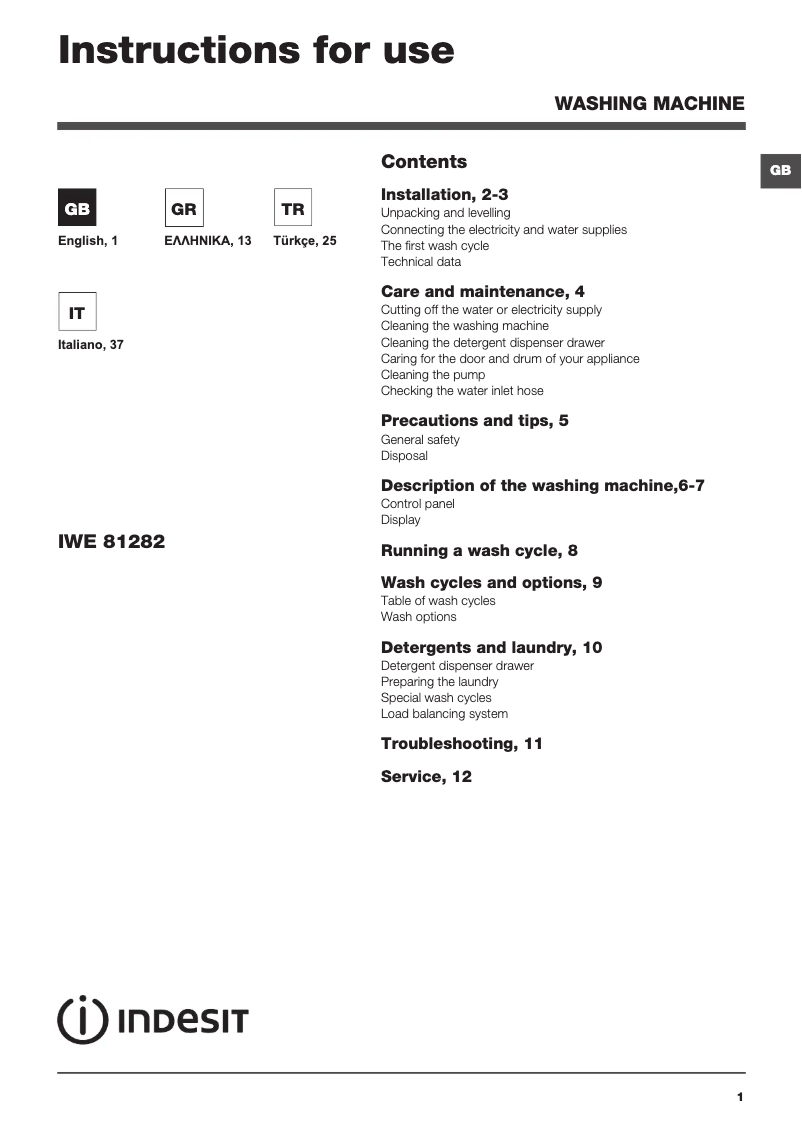 Page 1 de la notice Manuel utilisateur Indesit IWE 81282 SL ECO