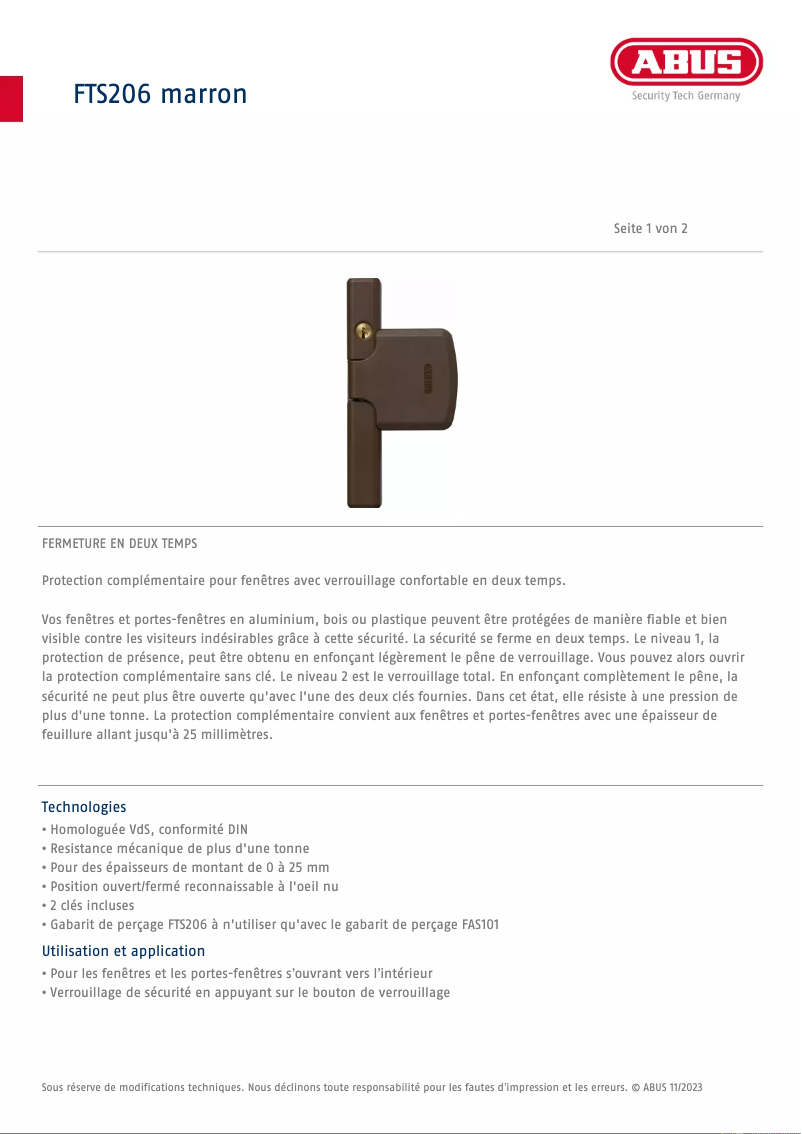 Page n°1 - Fiche technique Abus FTS206