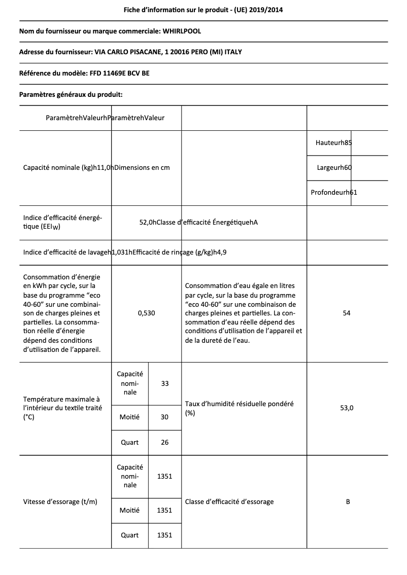Página 1 del manual Ficha técnica Whirlpool FFD 11469E BCV BE