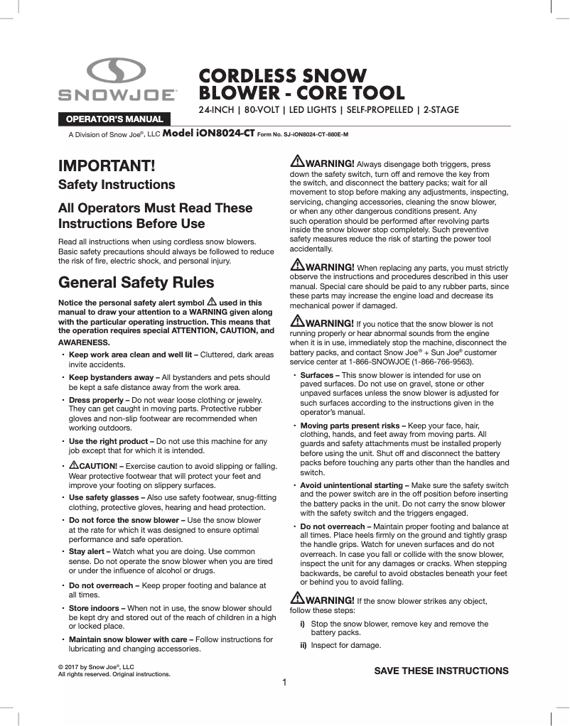 Page 1 de la notice Manuel utilisateur Sun Joe iON8024-CT