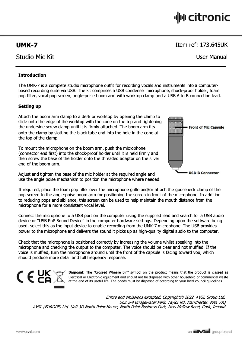 Page 1 de la notice Manuel utilisateur Citronic UMK-7
