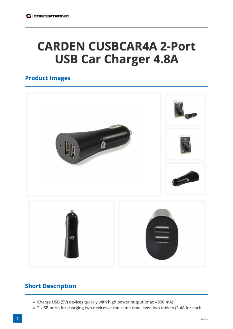 Page n°1 - Fiche technique Conceptronic CUSBCAR4A