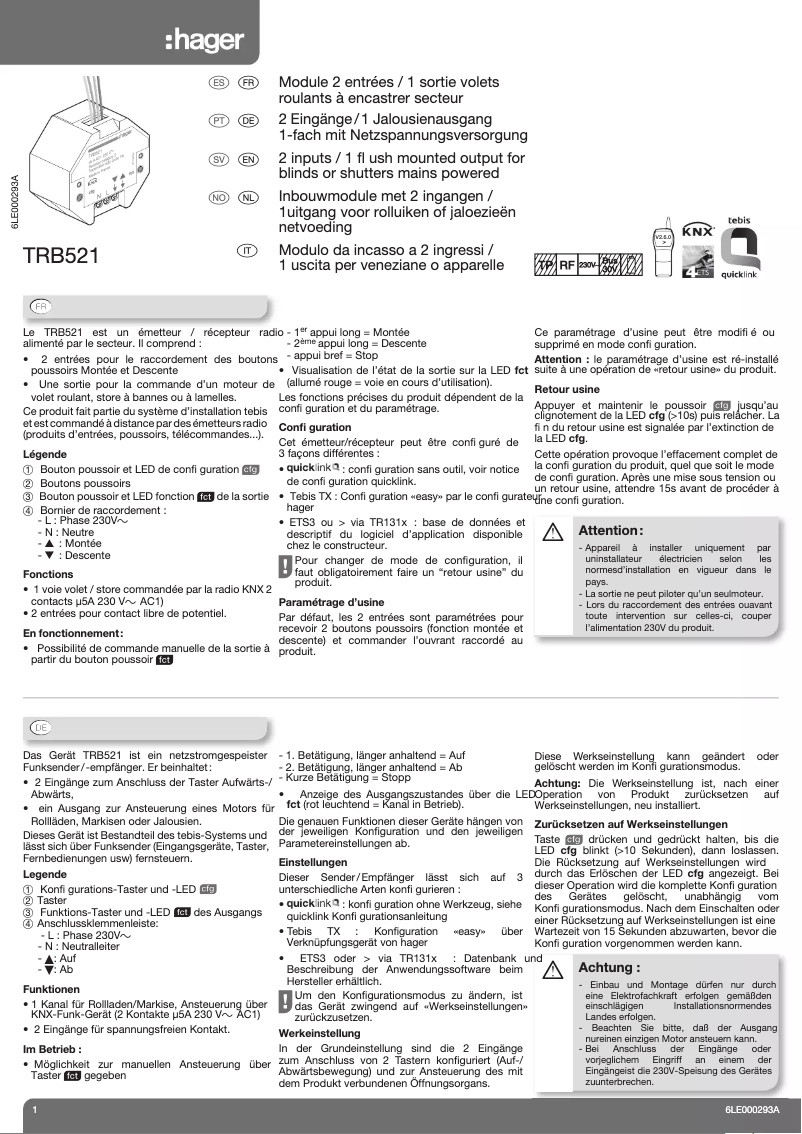 Page n°1 - Manuel utilisateur Hager TRB521
