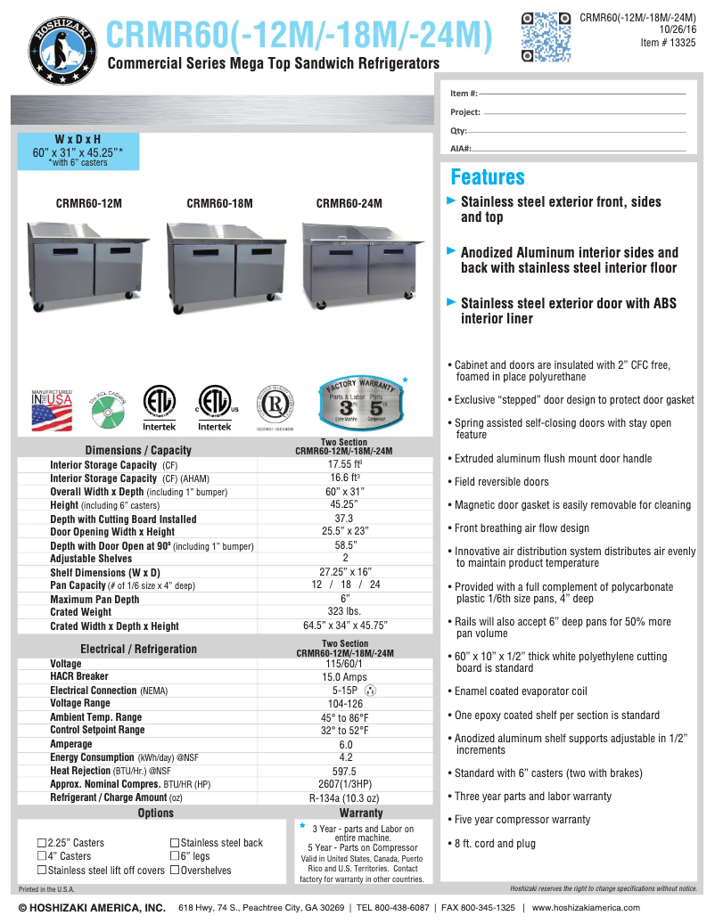 Page 1 de la notice Fiche technique Hoshizaki CRMR60-12M