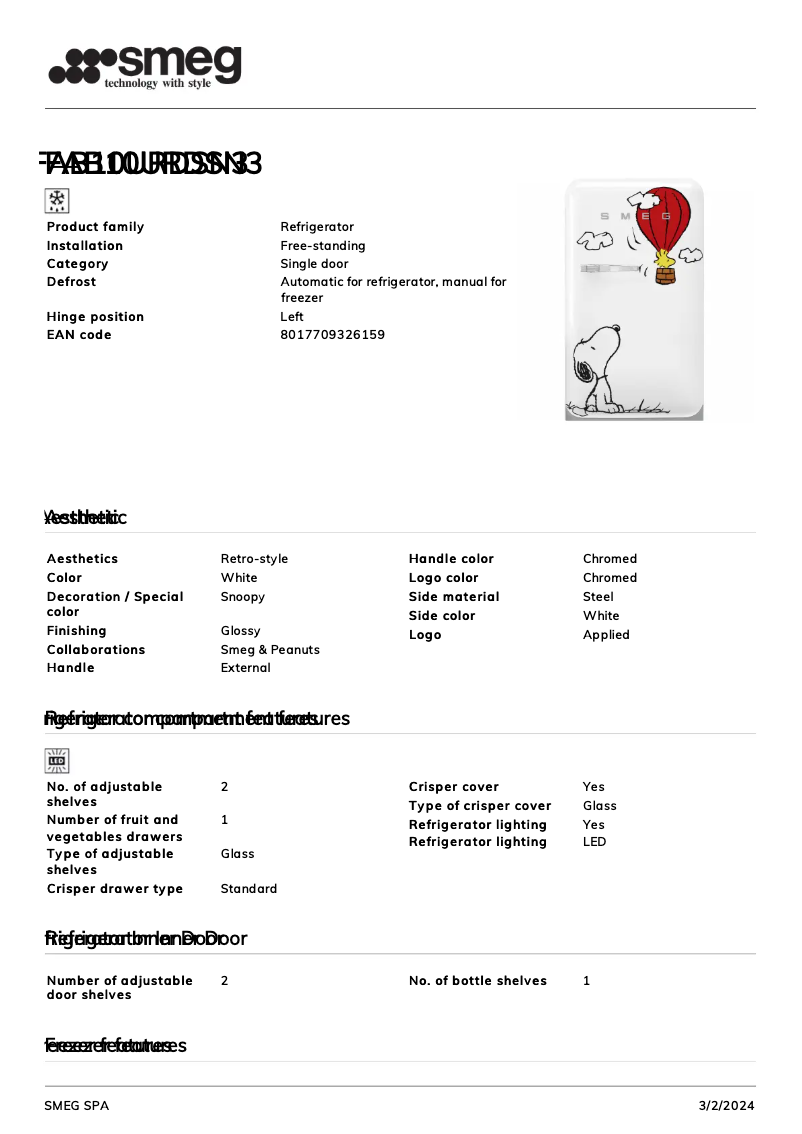 Page 1 de la notice Fiche technique Smeg FAB10URDSN3