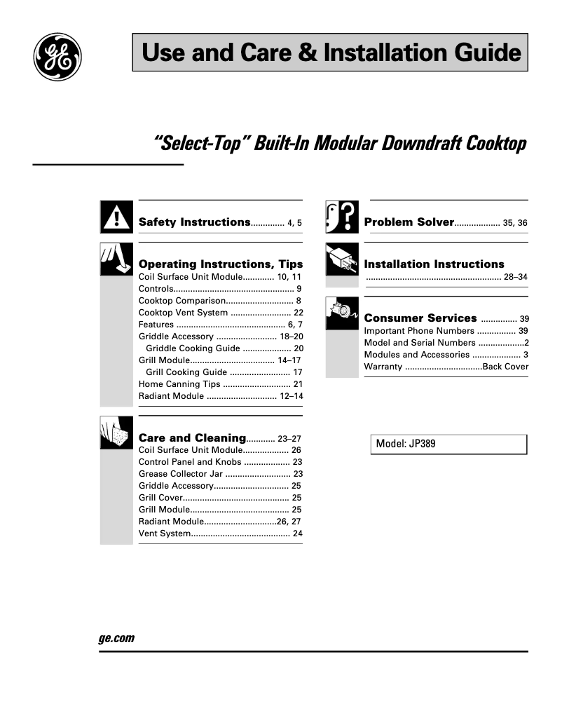 Page n°1 - Guide d'installation GE Select-Top JP389BJBB