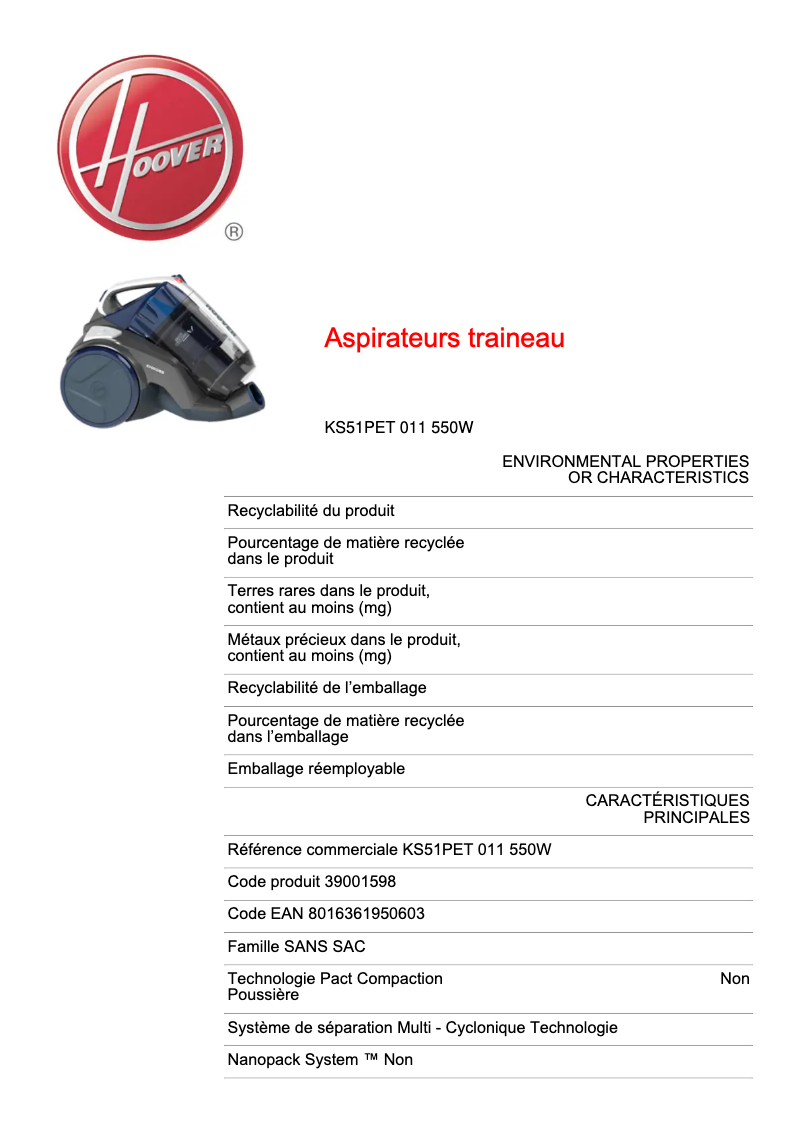 Page 1 de la notice Fiche technique Hoover KS51PET 011