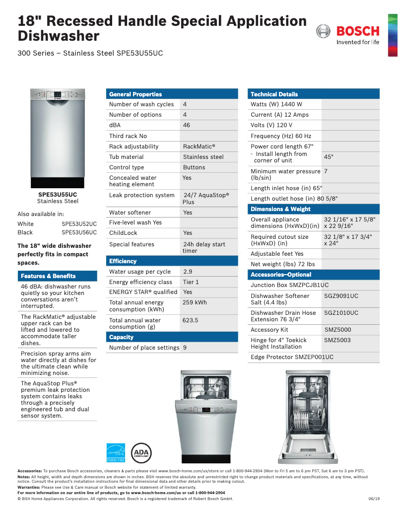 Page n°1 - Fiche technique Bosch SPE53U55UC