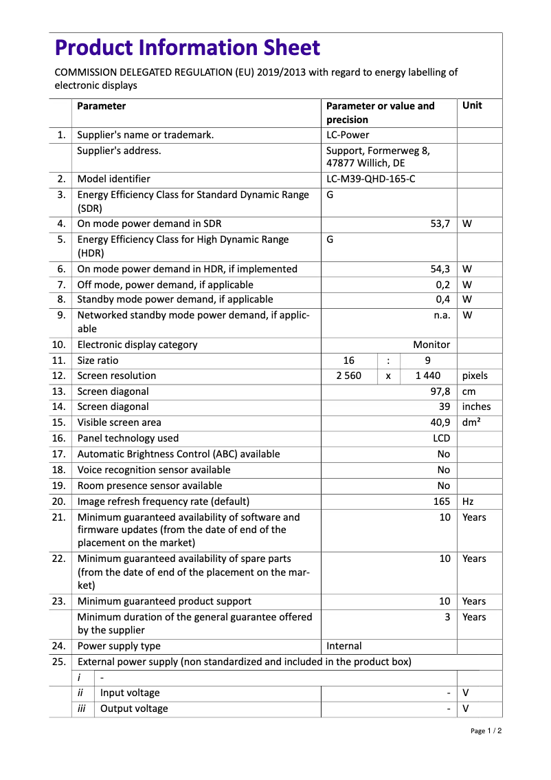 Image de la première page du manuel de l'appareil LC-M39-QHD-165-C