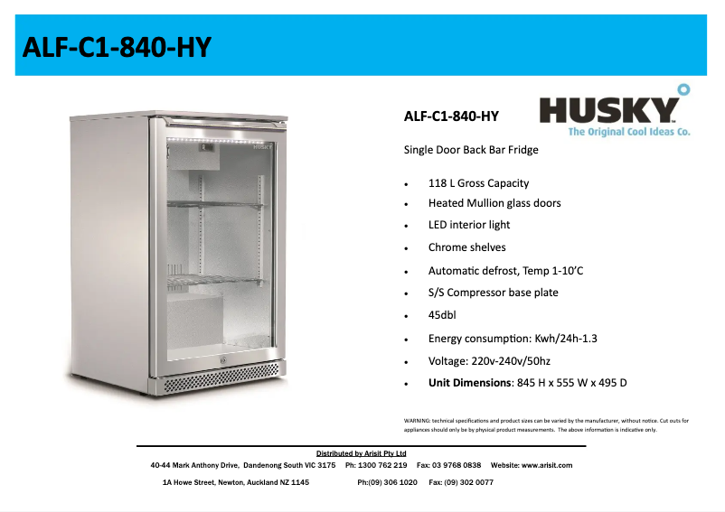 Page 1 de la notice Fiche technique Husky ALF-C1-840