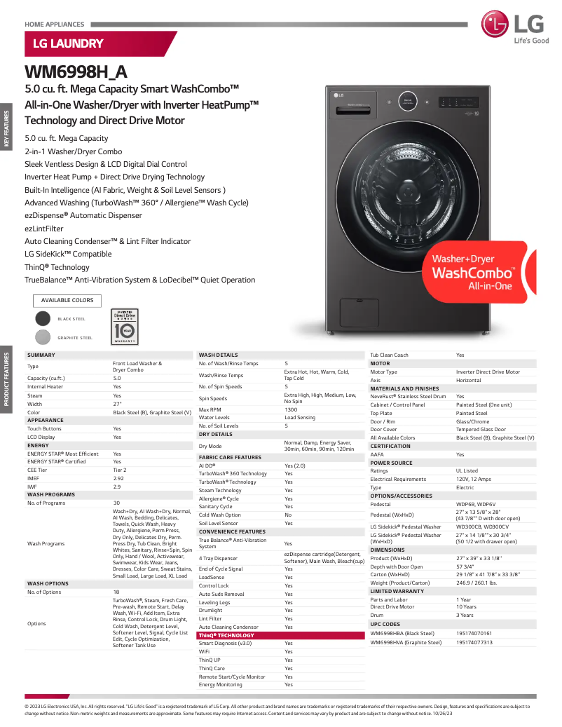 Página 1 del manual Ficha técnica LG WM6998HVA