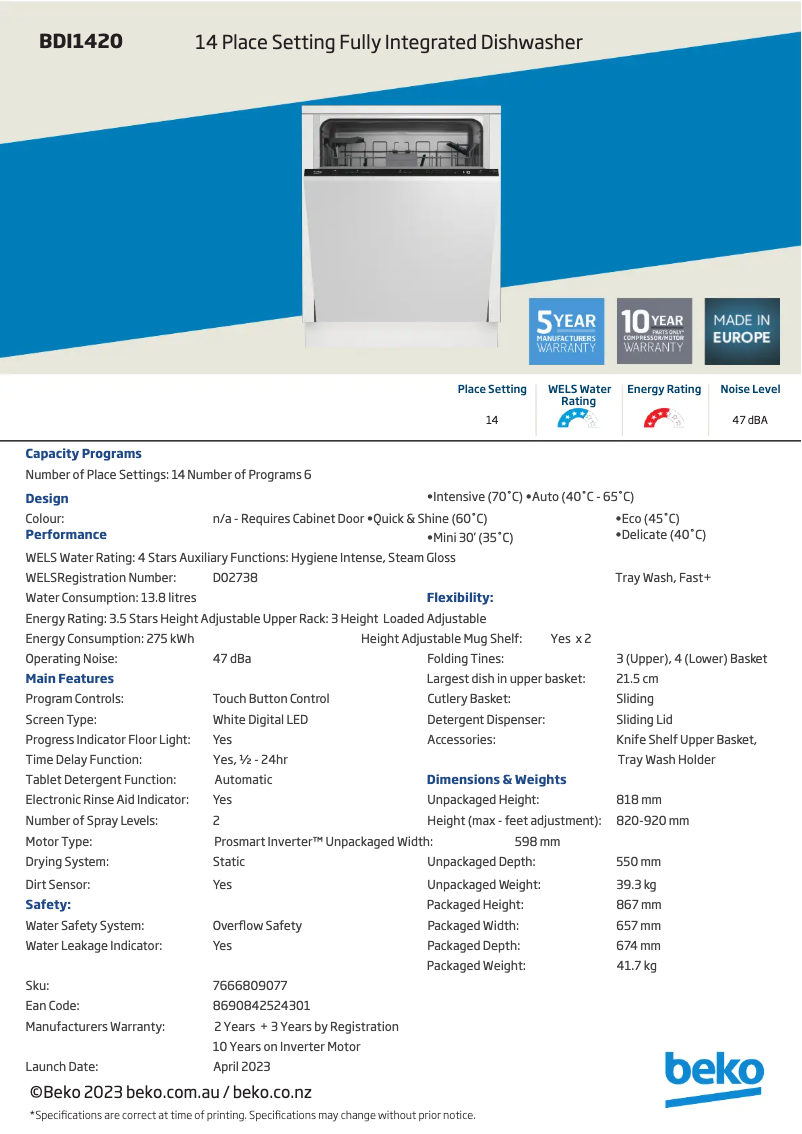 Page 1 de la notice Fiche technique Beko BDI1420