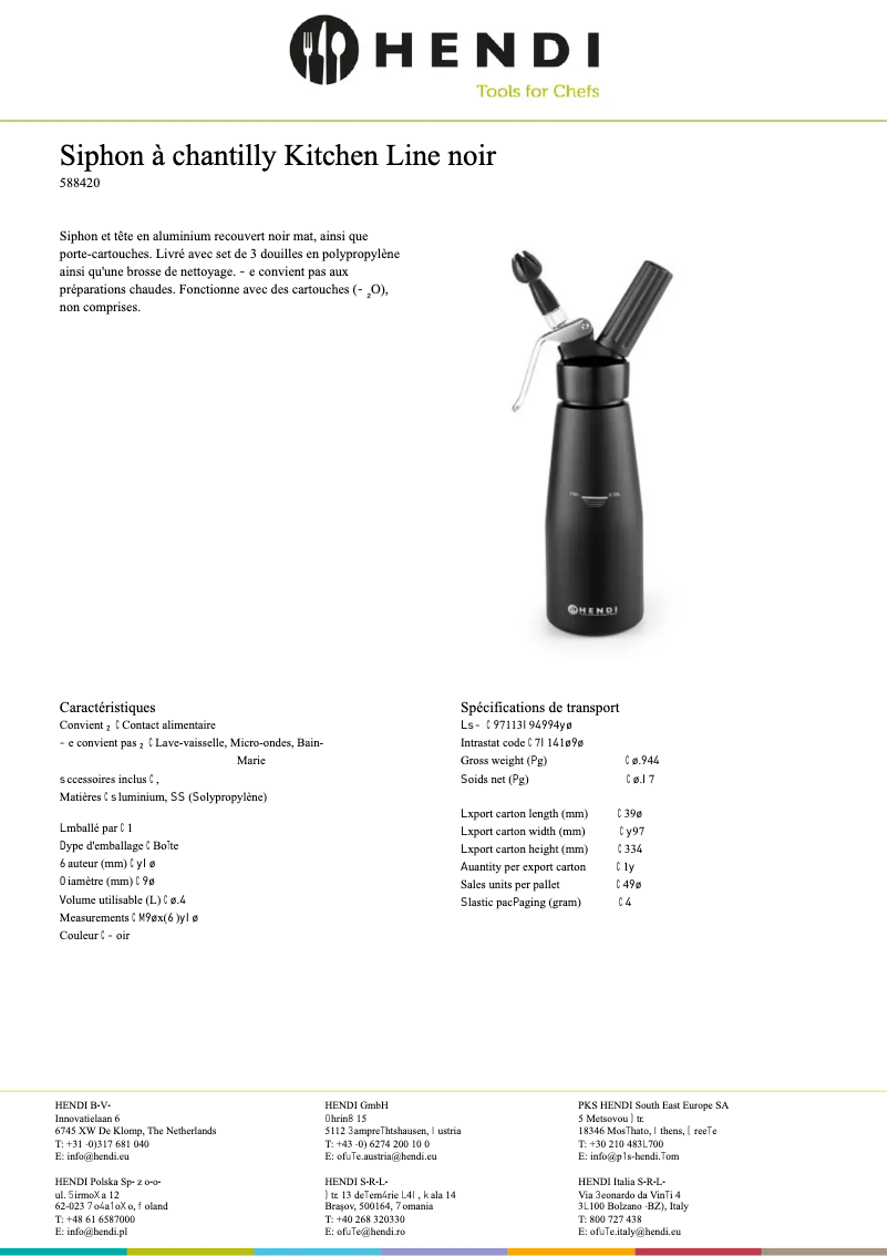 Page 1 de la notice Fiche technique Hendi 588598