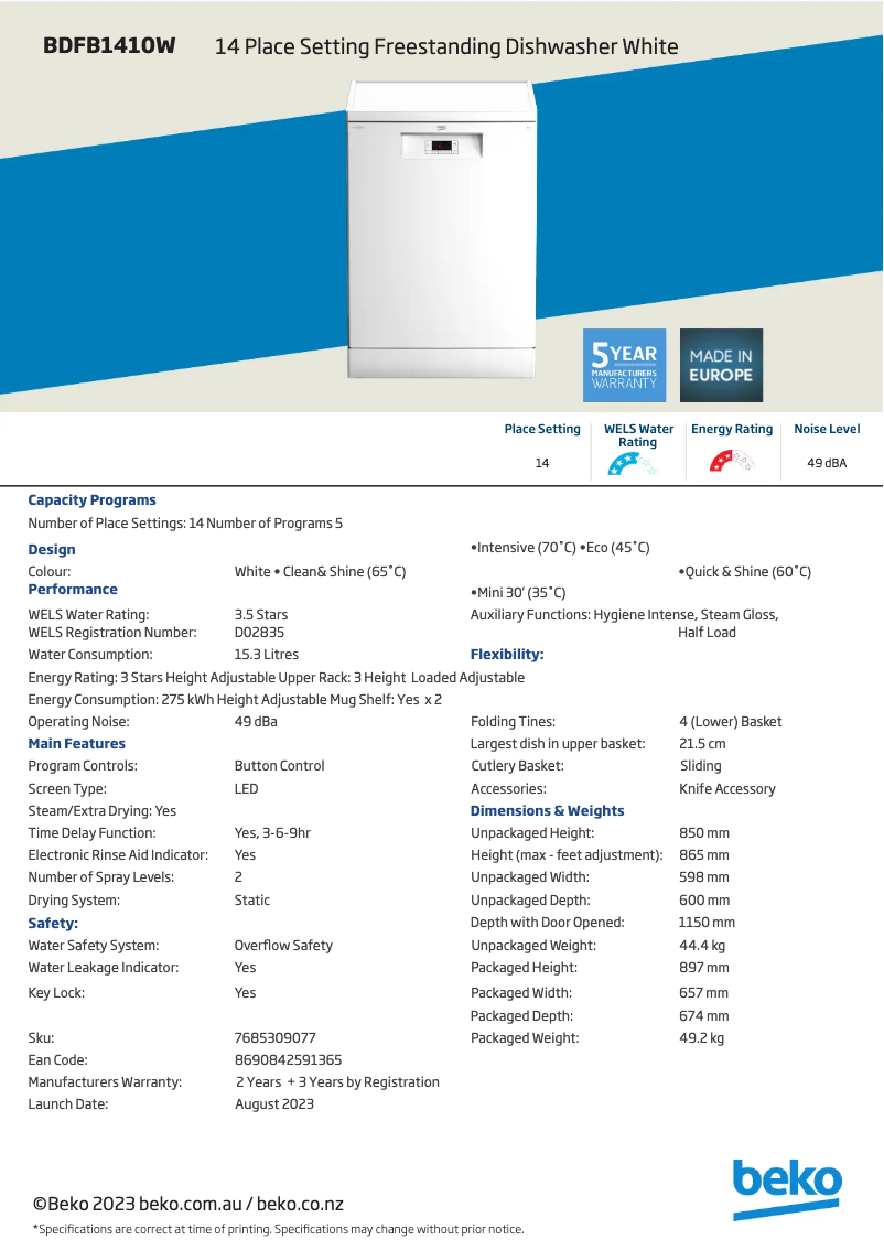 Image de la première page du manuel de l'appareil BDFB1410W