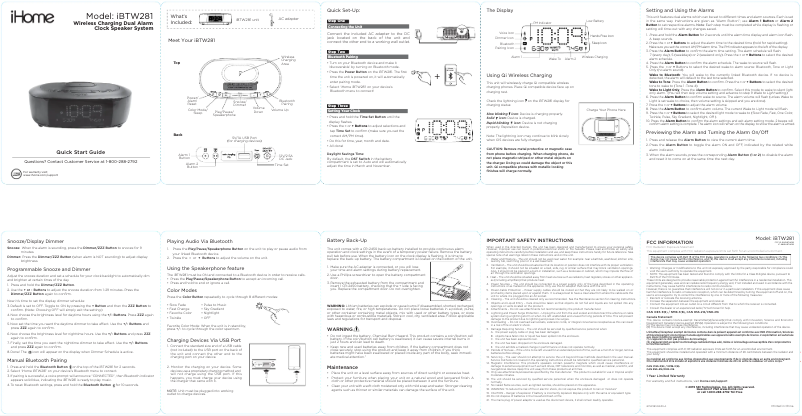 Page 1 de la notice Guide de démarrage rapide iHome IBTW281B