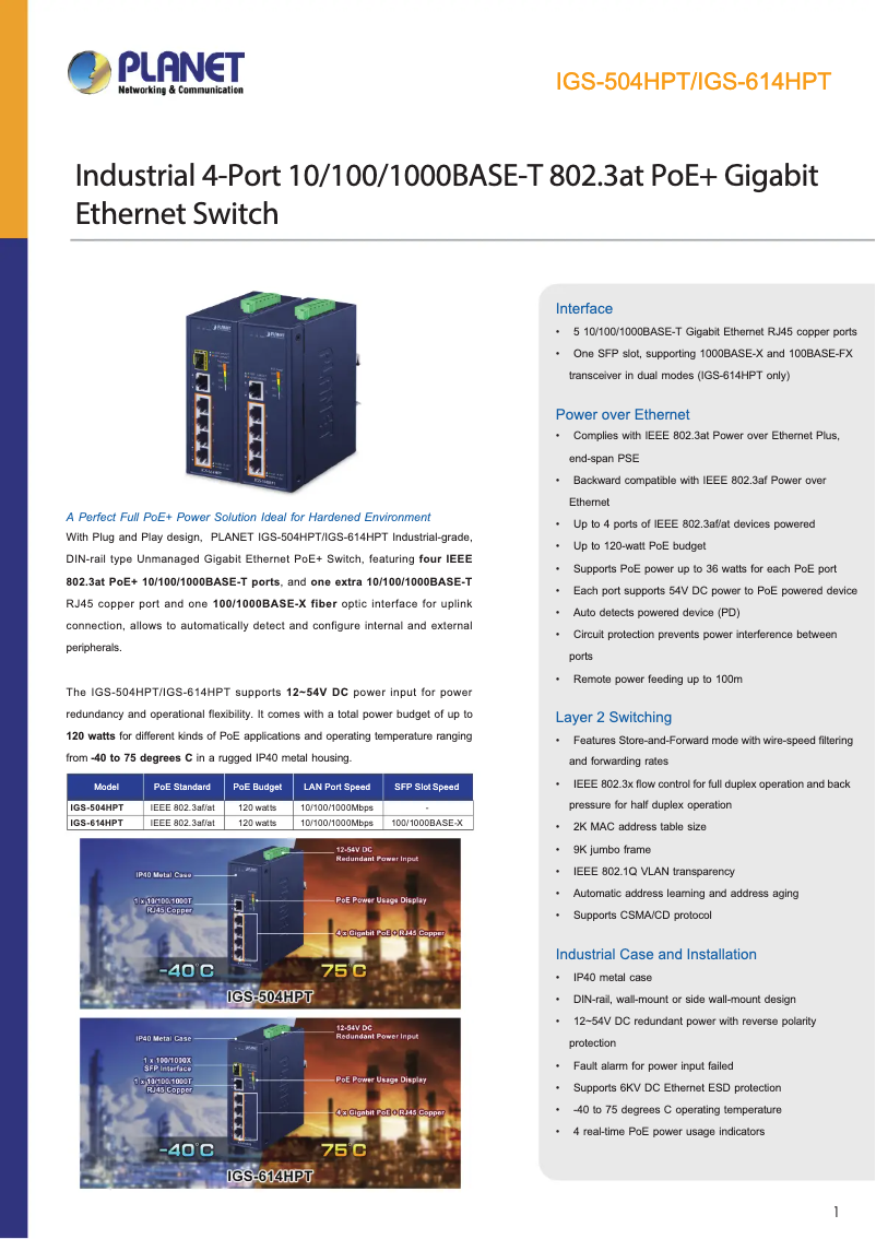 Page n°1 - Fiche technique Planet IGS-614HPT