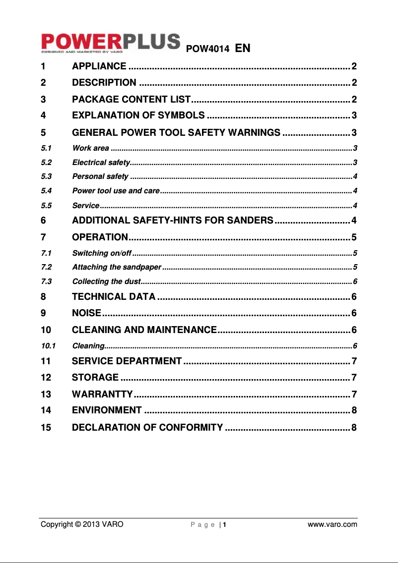 Page n°1 - Manuel utilisateur PowerPlus POW4014