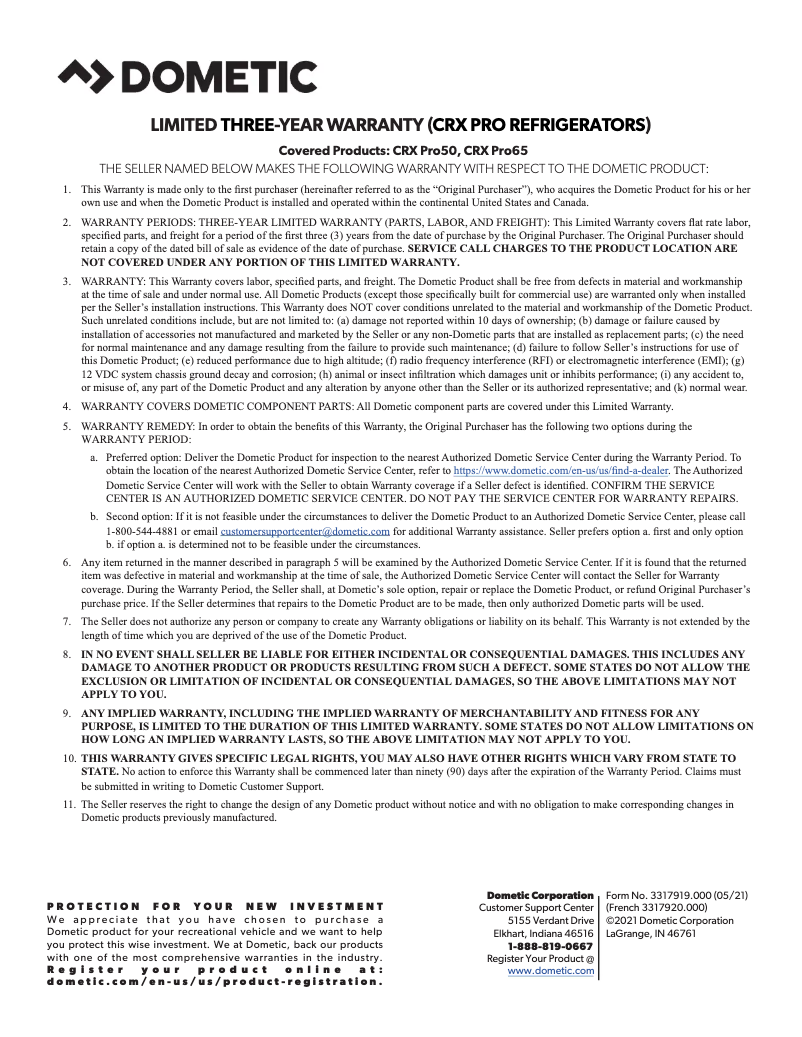 Page 1 de la notice Informations de garantie Dometic CRX Pro 65