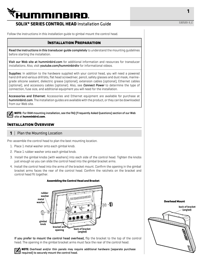 Página 1 del manual Guía de instalación Humminbird SOLIX 15 CHIRP MEGA SI GPS