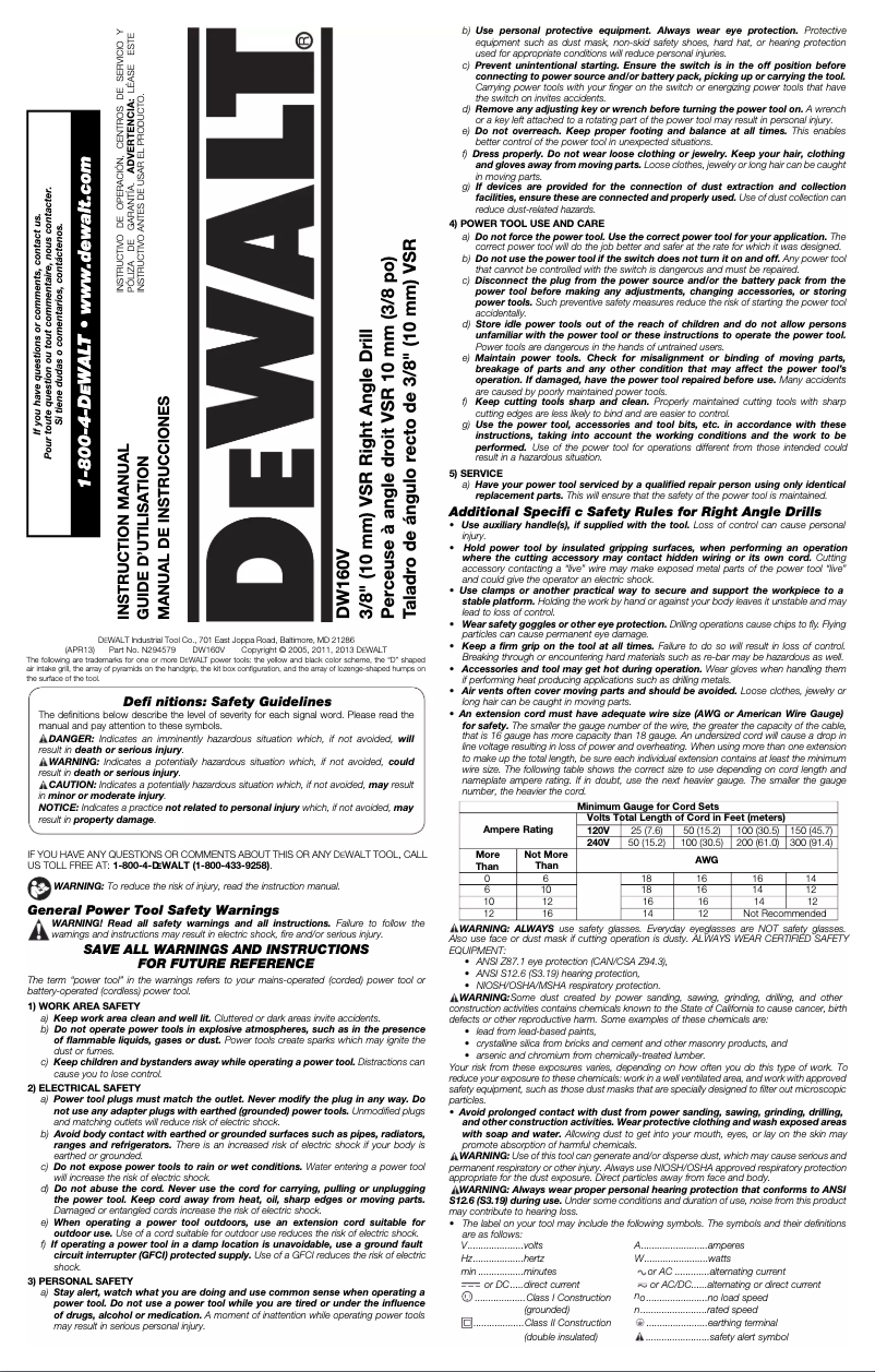 Page n°1 - Manuel utilisateur DeWalt DW160V