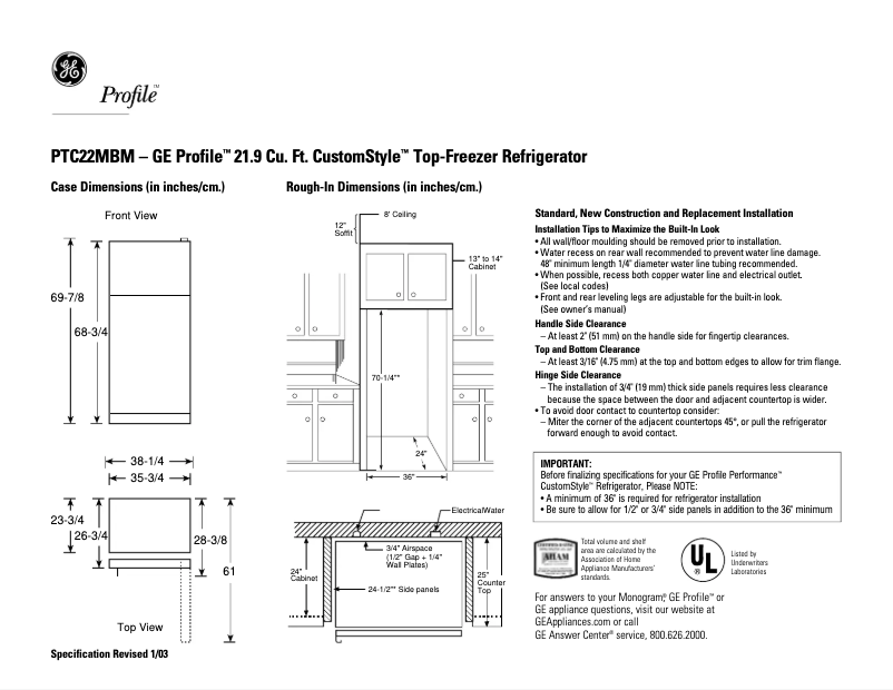 Page 1 de la notice Fiche technique GE Profile CustomStyle PTC22MBMLCC