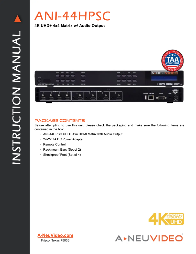 Page 1 de la notice Manuel utilisateur A-NeuVideo ANI-44HPSC