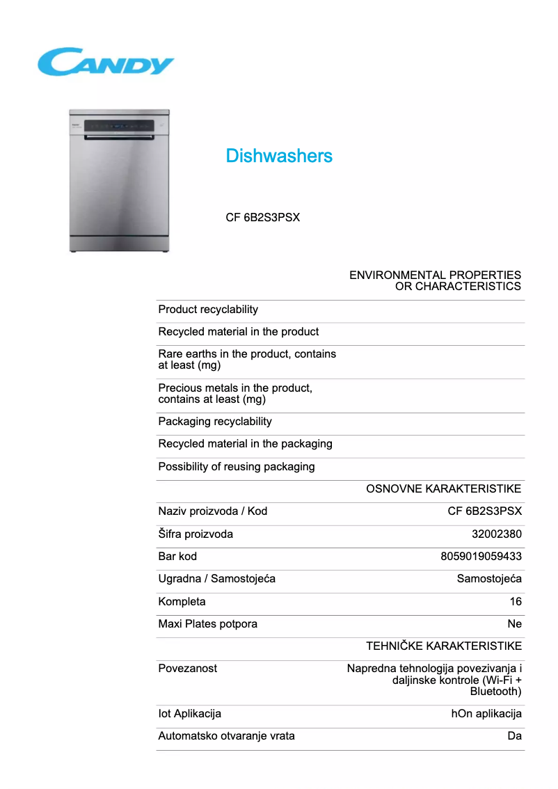 Page 1 de la notice Fiche technique Candy CF 6B2S3PSX
