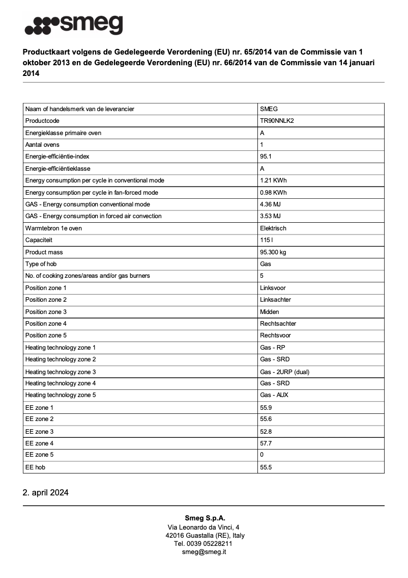 Page 1 de la notice Fiche technique Smeg TR90NNLK2