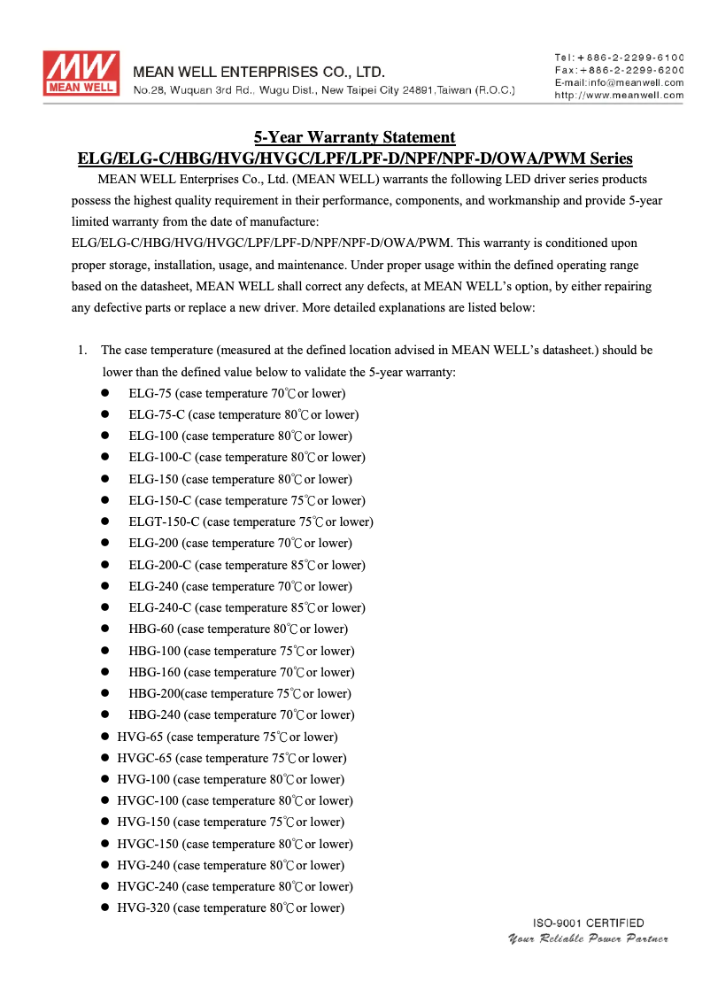 Page 1 de la notice Informations de garantie Mean Well ELG-150-24A-3Y