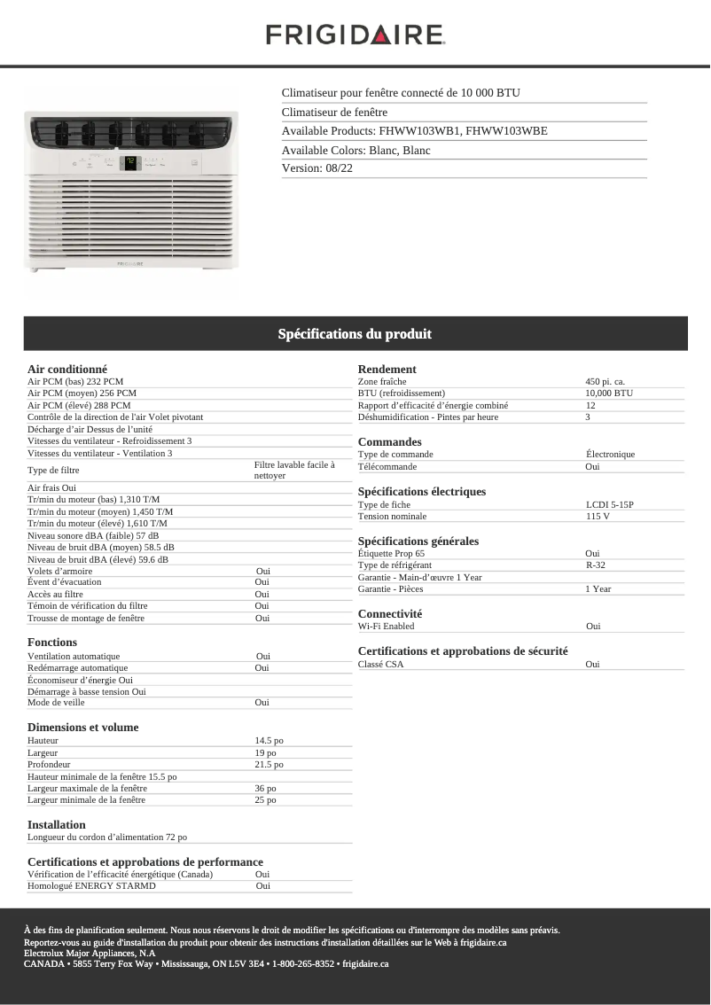 Page 1 de la notice Fiche technique Frigidaire FHWW103WBE