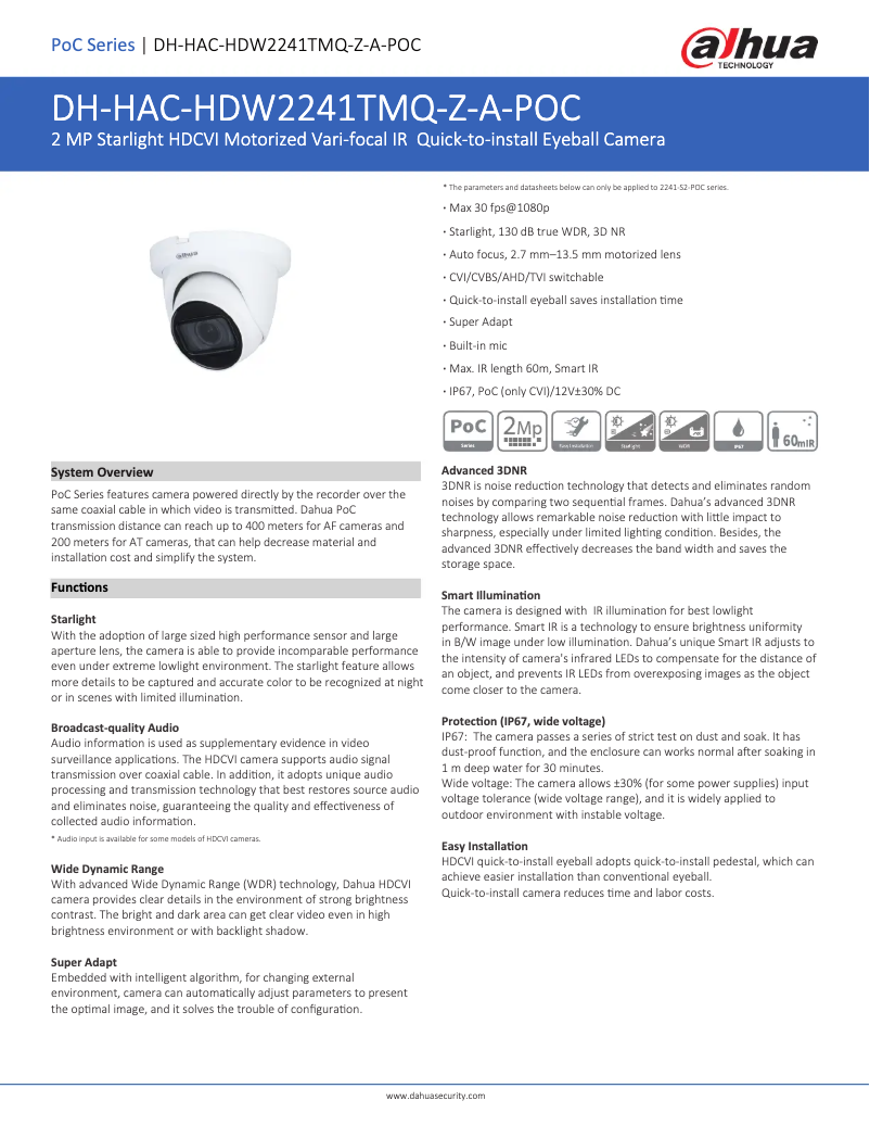 Page n°1 - Fiche technique Dahua Technology HAC-HDW2241TMQ-Z-A-POC