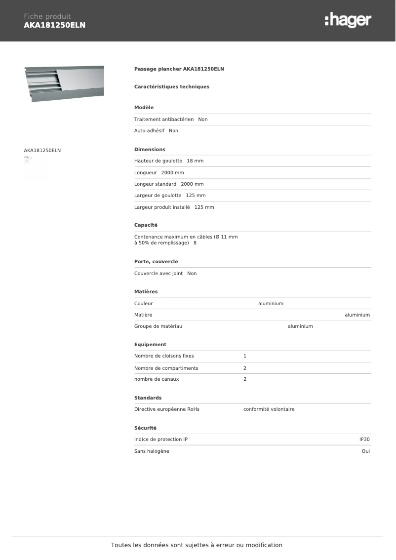 Page 1 de la notice Manuel utilisateur Hager AKA181250ELN